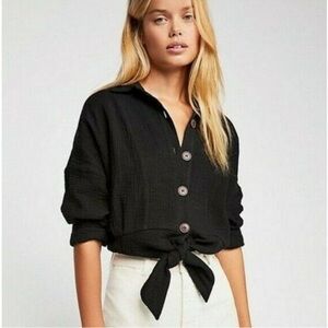Free People Sun Streaks Tie Front Cropped Top Gauzy